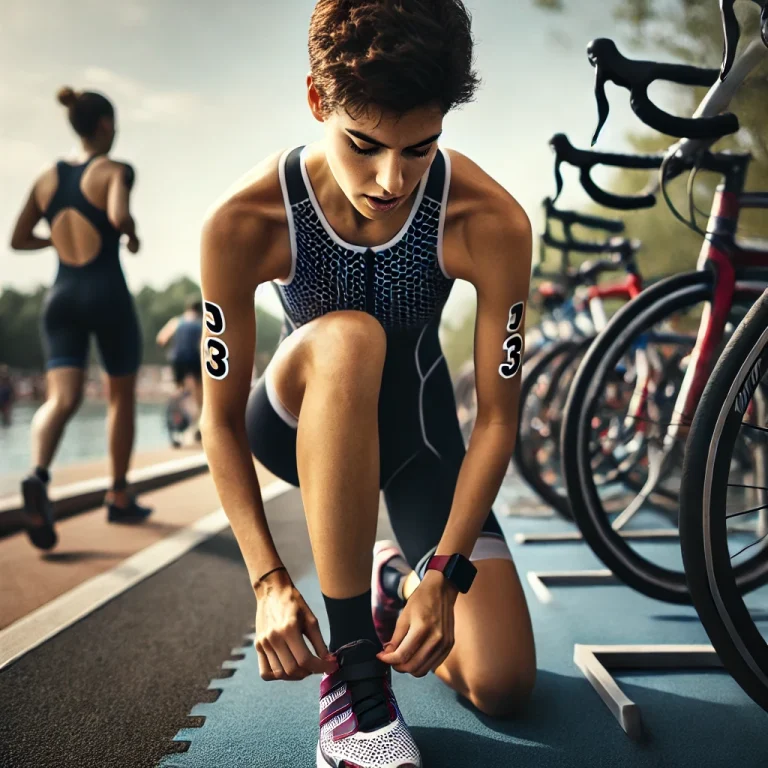A triathlete kneels to tie her running shoes during a transition at a race, with numbered arms and bikes in the background, capturing a moment that could be right out of a Beginner Triathlon Guide.