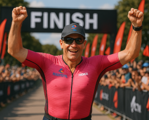 Age-group triathlete over 40 finishing a triathlon with arms raised